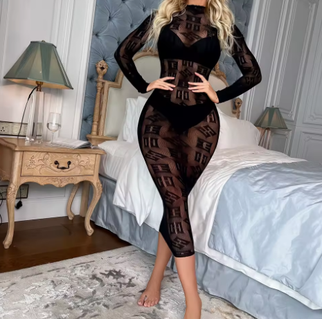 NoirLace Long Sleeve Mesh Bodystocking Dress